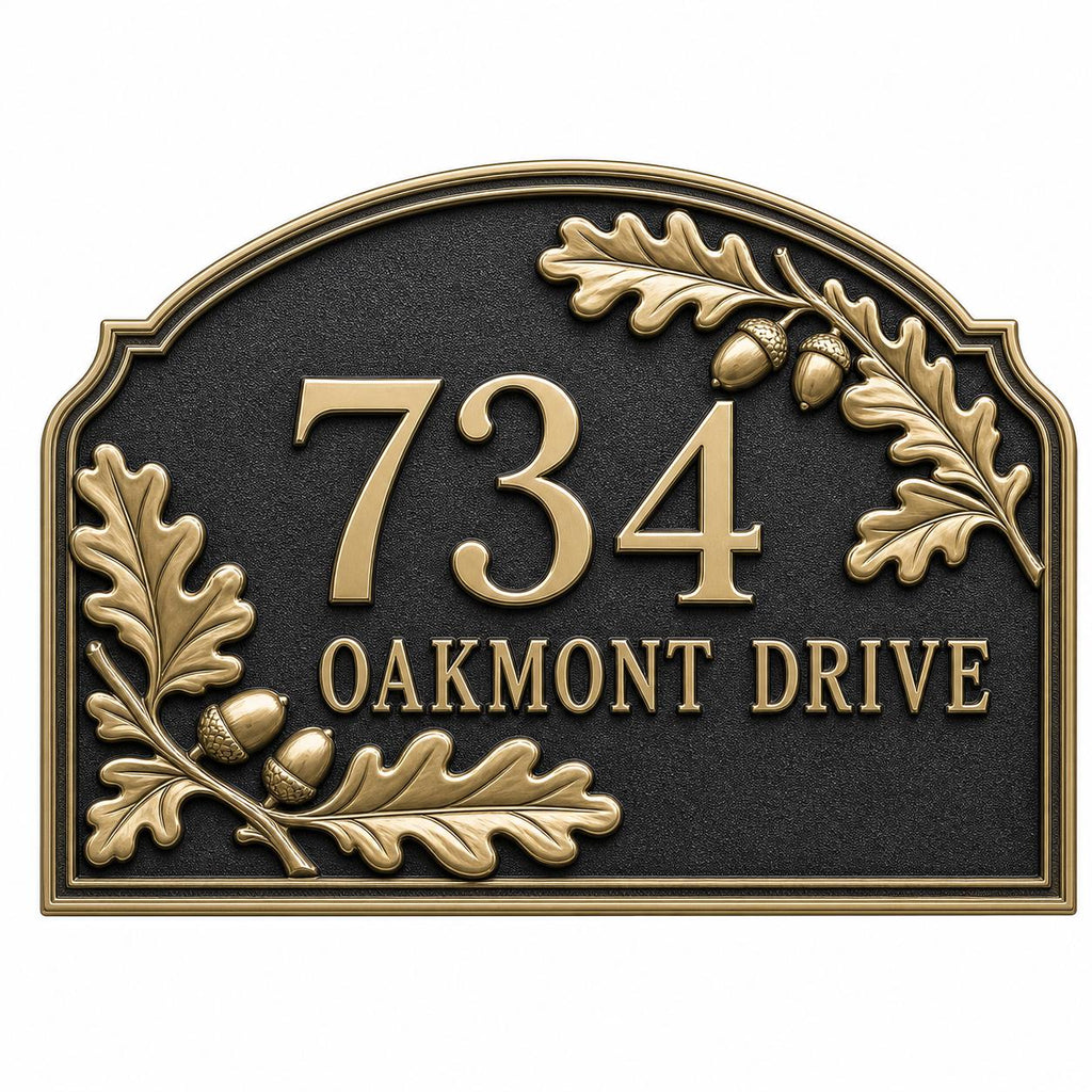 Personalized Address Plaque – Antique Brass Oak Leaf and Acorn