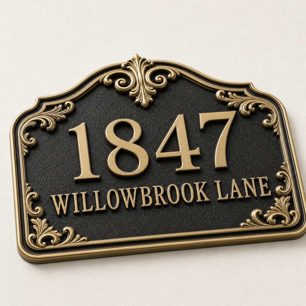 Personalized Address Plaque – Antique Brass Acanthus Scroll Crest