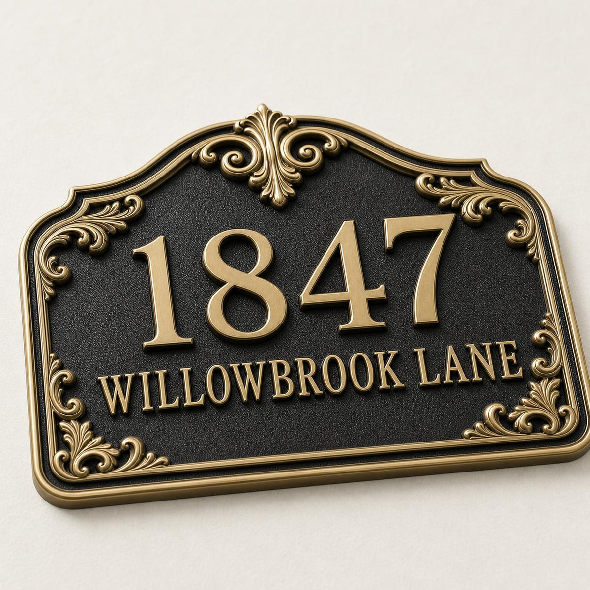 Personalized Address Plaque – Antique Brass Acanthus Scroll Crest