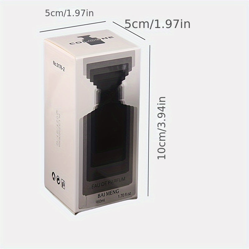 Men's eau de parfum box and bottle with size measurements shown (5cm, 10cm)
