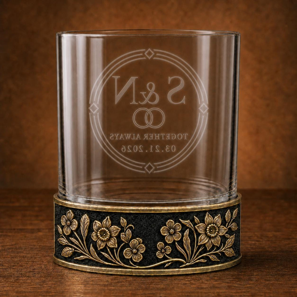 Personalized Birth Flower Whiskey Glass – Violet and Daffodil, 10 oz