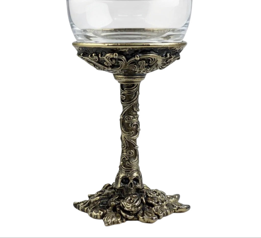 Gothic wine glass with ornate antique-brass foot and stem detail