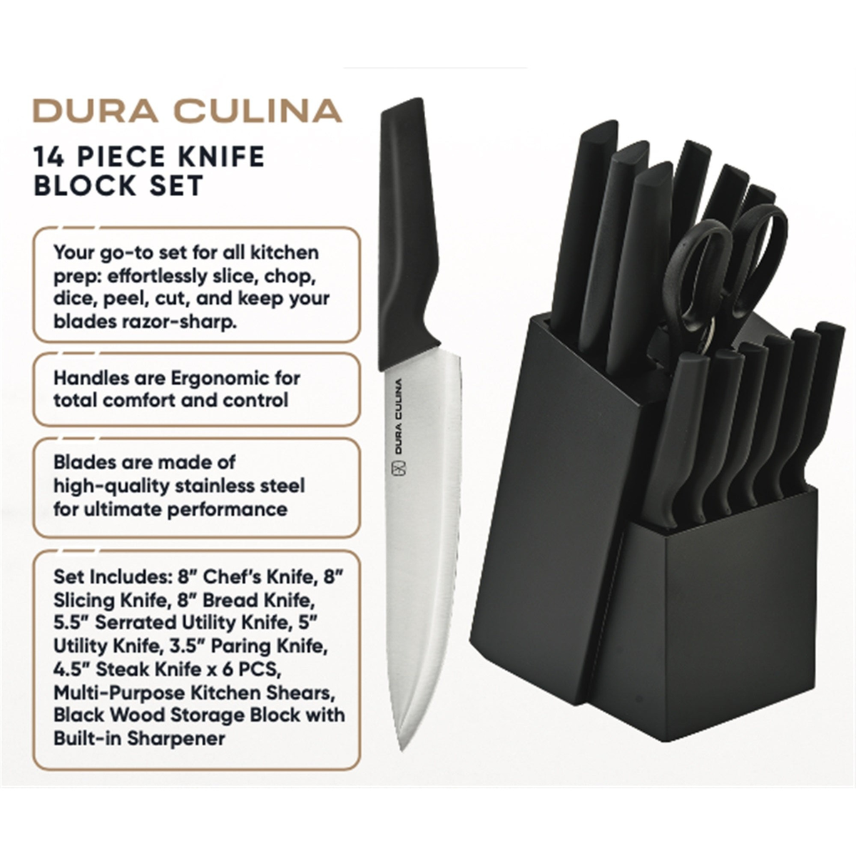 14-Piece Knife Block Set - High Carbon Stainless Steel with Ergonomic Handles, Built-In Sharpener, Black Wood Storage Block - Kitchen Knives at Dealshubindia
