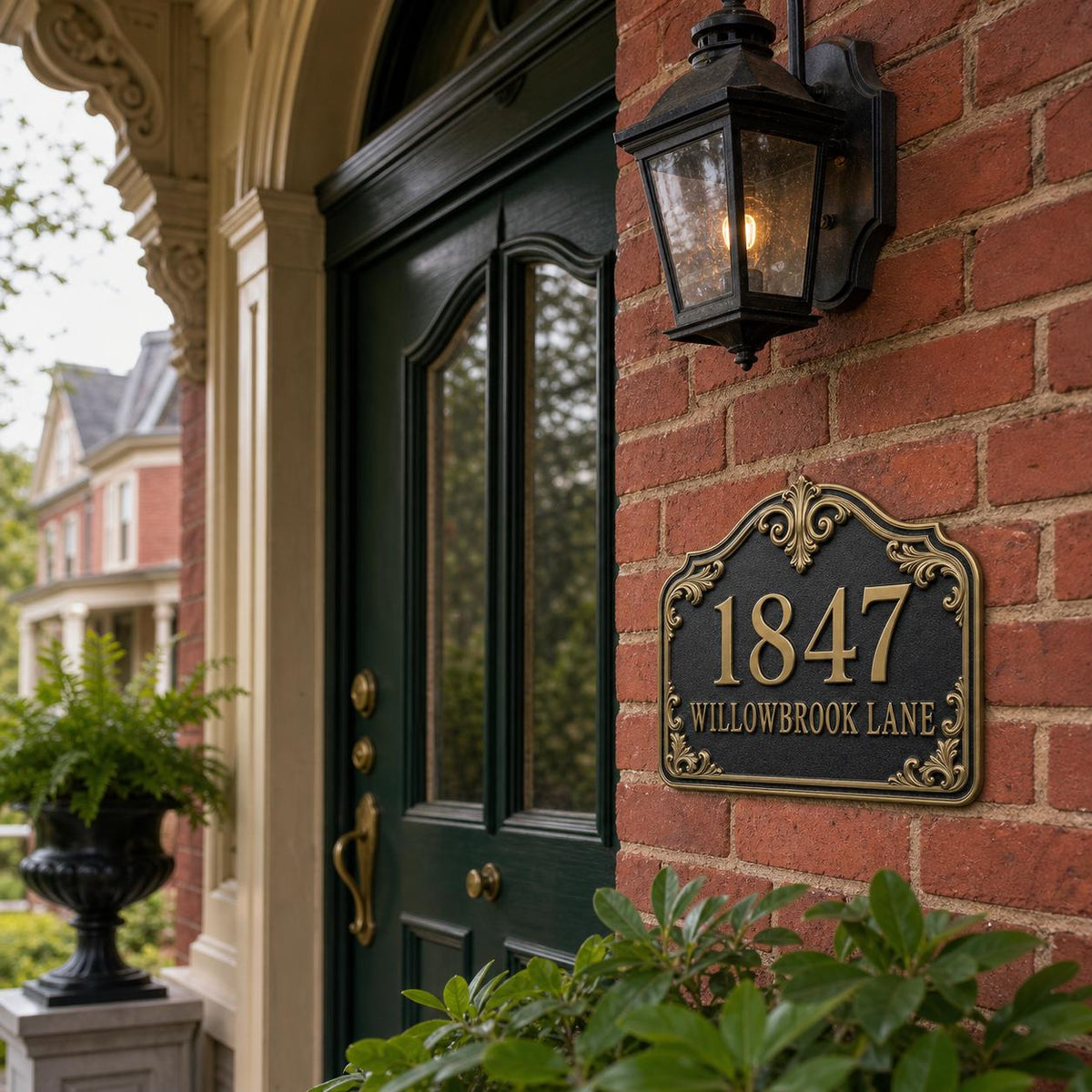 Personalized Address Plaque – Antique Brass Acanthus Scroll Crest