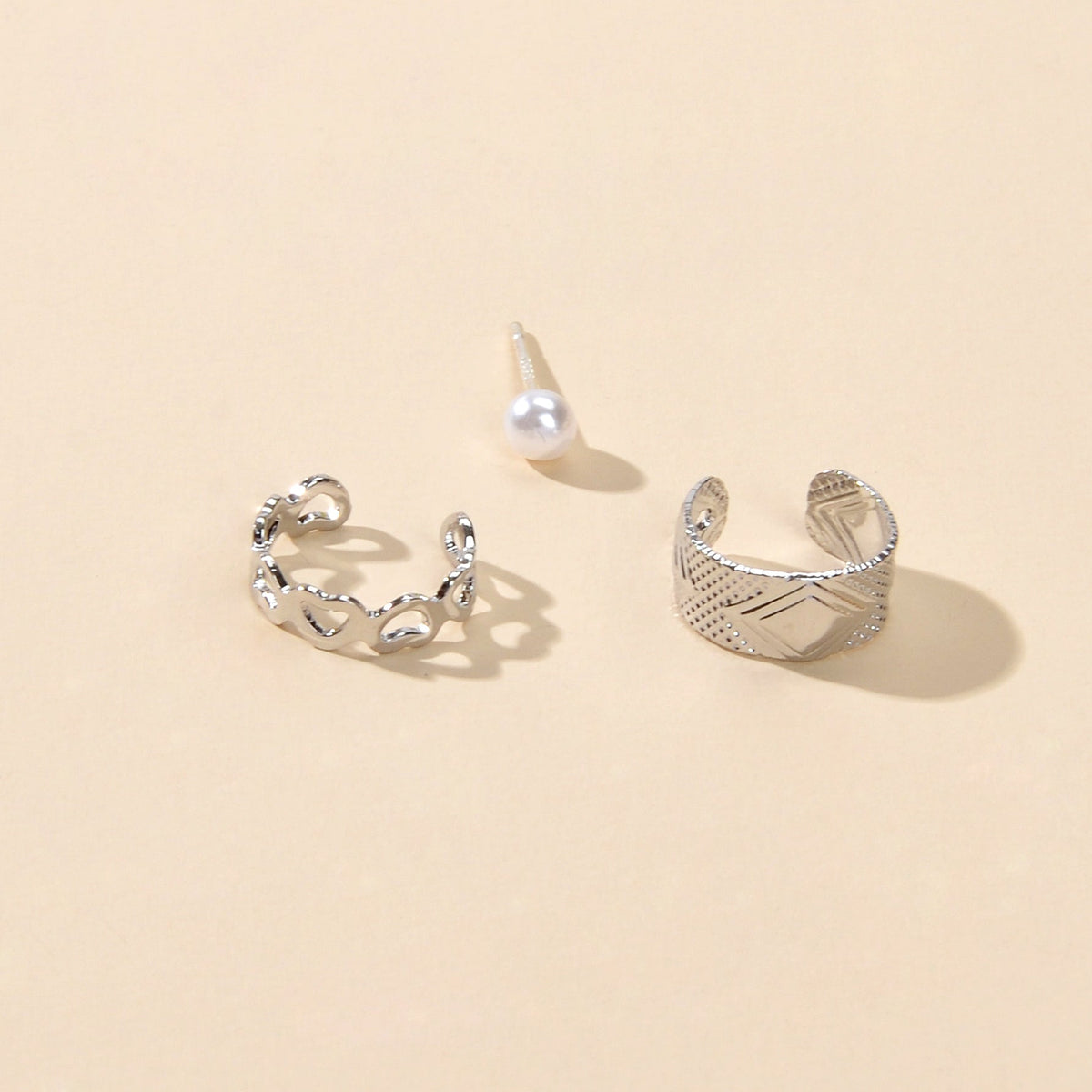3 pcs Imitation Pearl Stud Gold Silver Hollow out Heart Ear Cuff Cartilage Earrings set