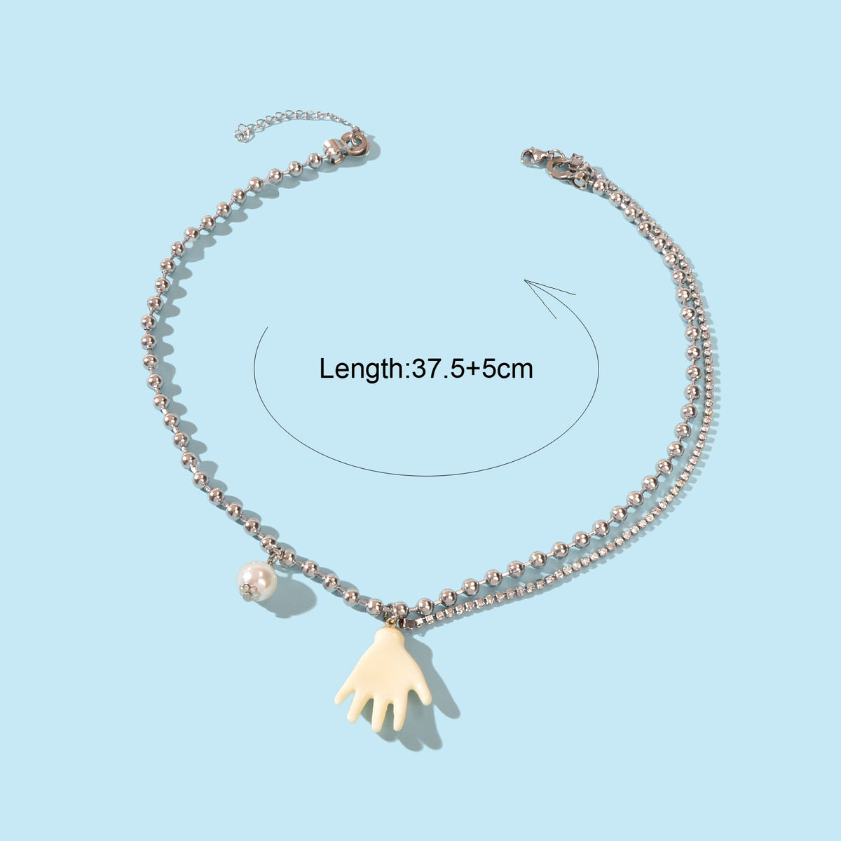 Punk Hip Hop Popcorn Rhinestone Double layer Chain Pearl Hand Pendant Necklace