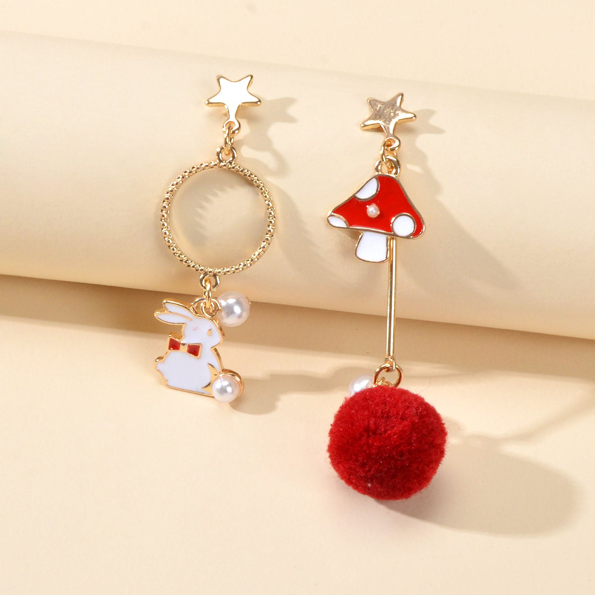 Red White Enamel Easter Rabbit Bunny Mushroom Ball Charm Asymmetric Earrings