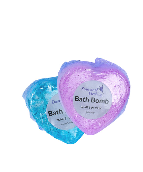 Purple and blue heart-shaped bath bomb with Bath Bomb label and scent text