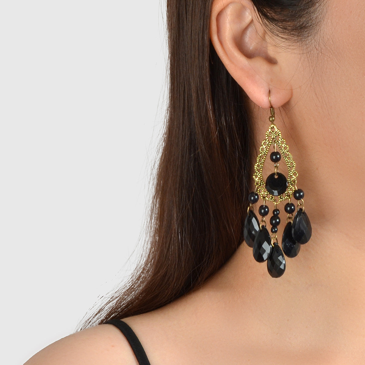Bohemian Retro Jewellery Black Water Drop Beads Antique Gold Chandelier Earrings