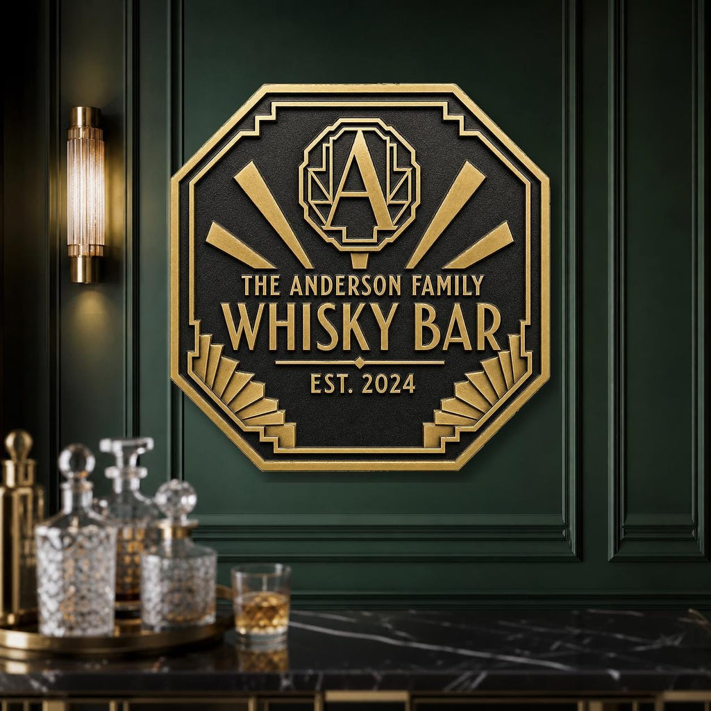 Personalized Home Bar Sign – Antique Brass Art Deco Octagon