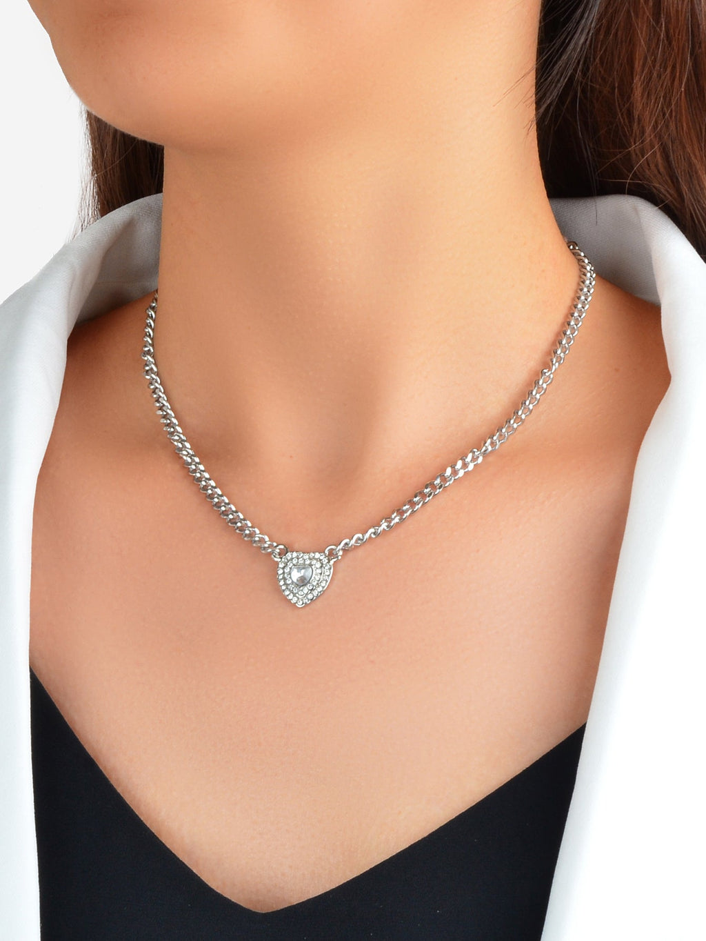Textured Jewellery Silver Chain Full Rhinestone Heart Pendant Necklace Jewellery