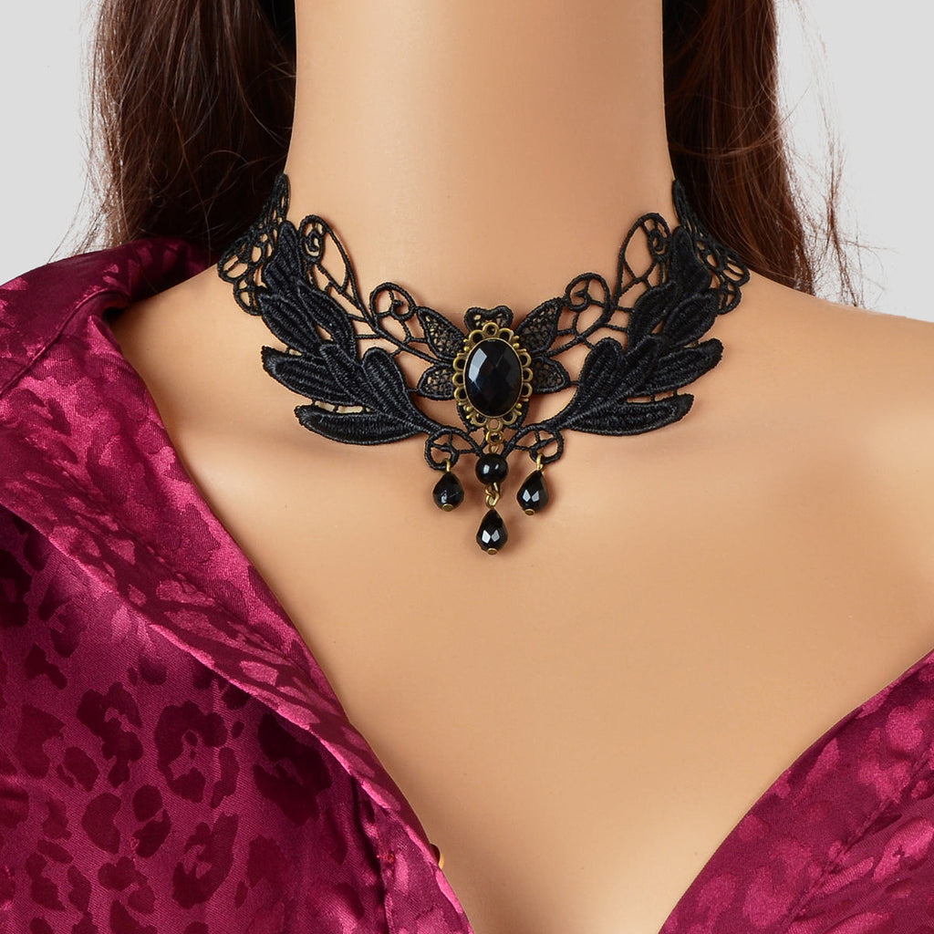 Black lace leaf gothic choker with oval gemstone center and dangling beads