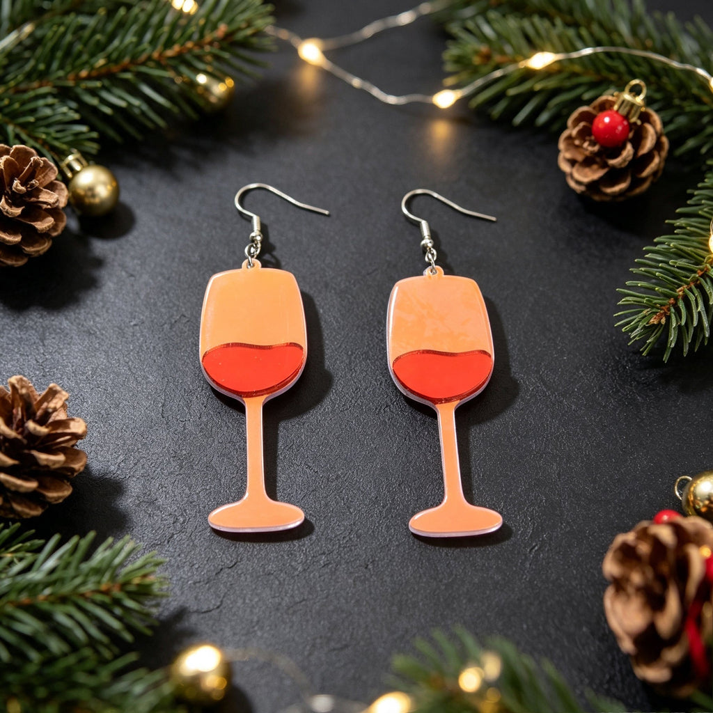 Fun Red Wine Cup Acrylic Dangle Earrings Christmas Party Bar Holiday Jewelry