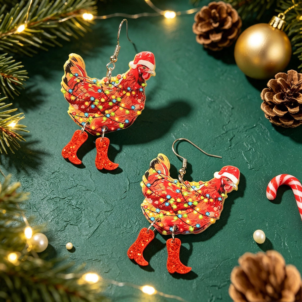 Christmas Chicken Dangle Earrings Santa Hat Red Boots Colorful Light Decor Funny Animal Jewelry