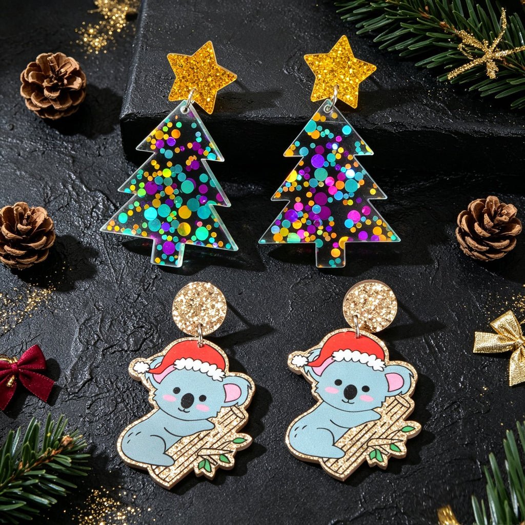 Christmas tree and star drop earrings with colorful dot details, two pairs