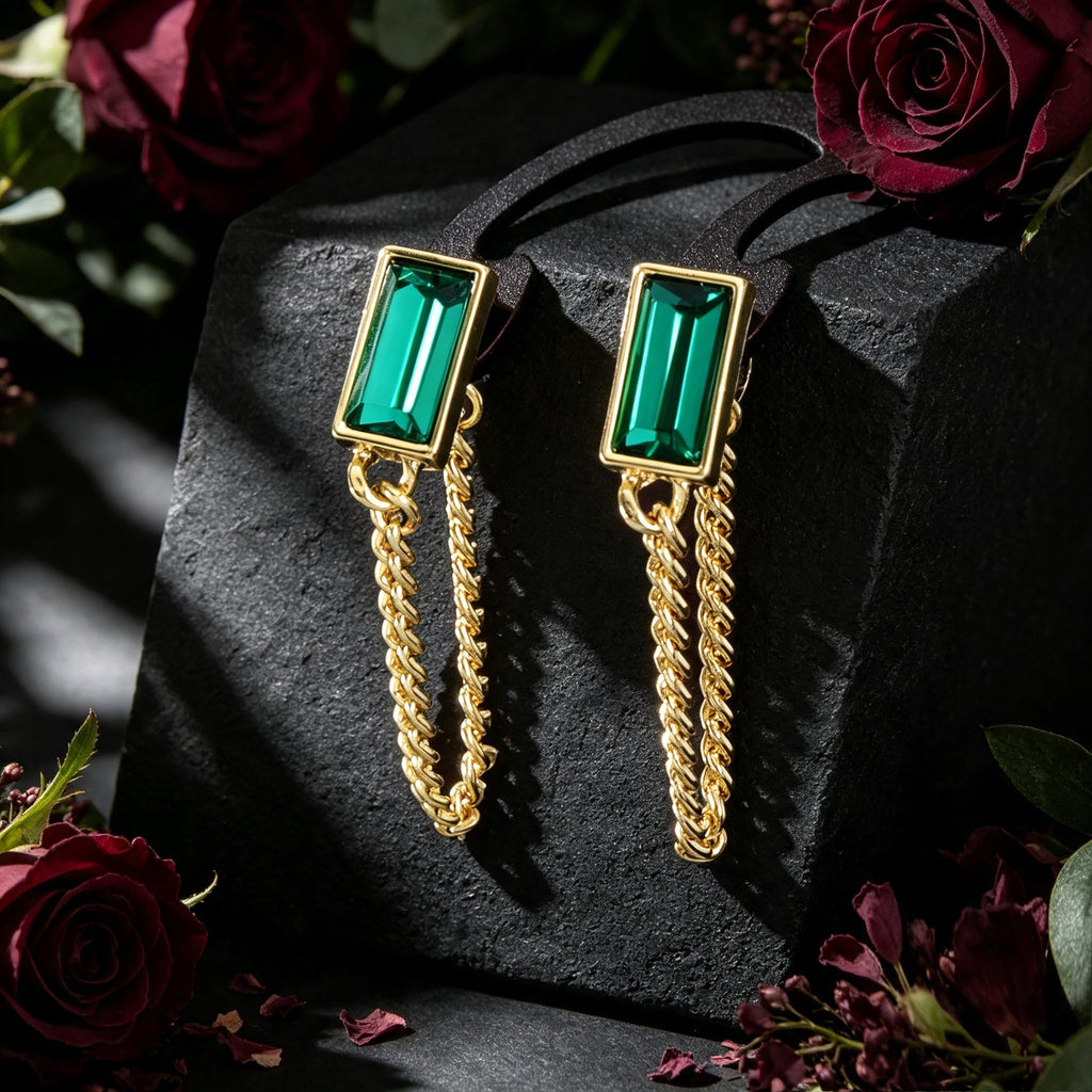 Vintage Green Rectangular Gold Tassel Chain Earrings Elegant Banquet Evening Gathering Accessories