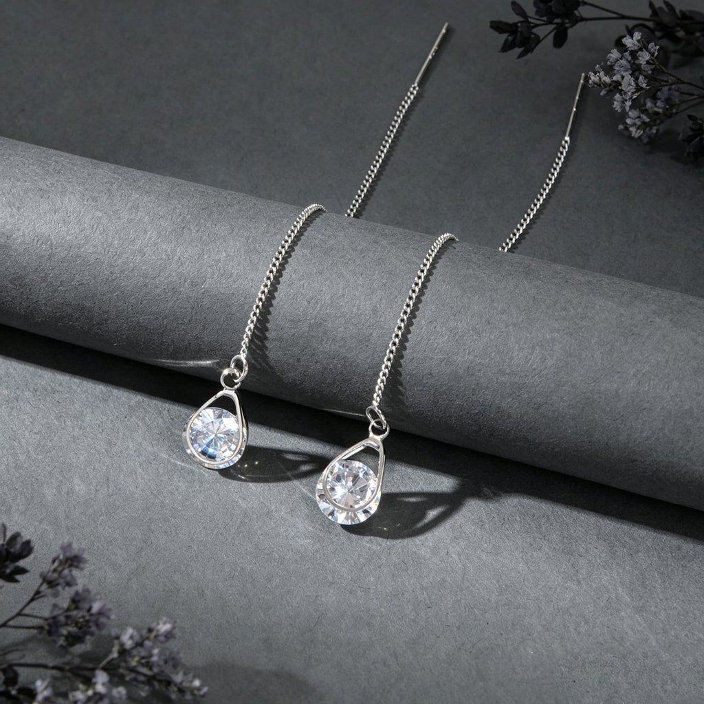 Silver Long Thin Chain Glitter Water Drop Dangle Earrings Dainty Ear Line Elegant Party Banquet Jewelry