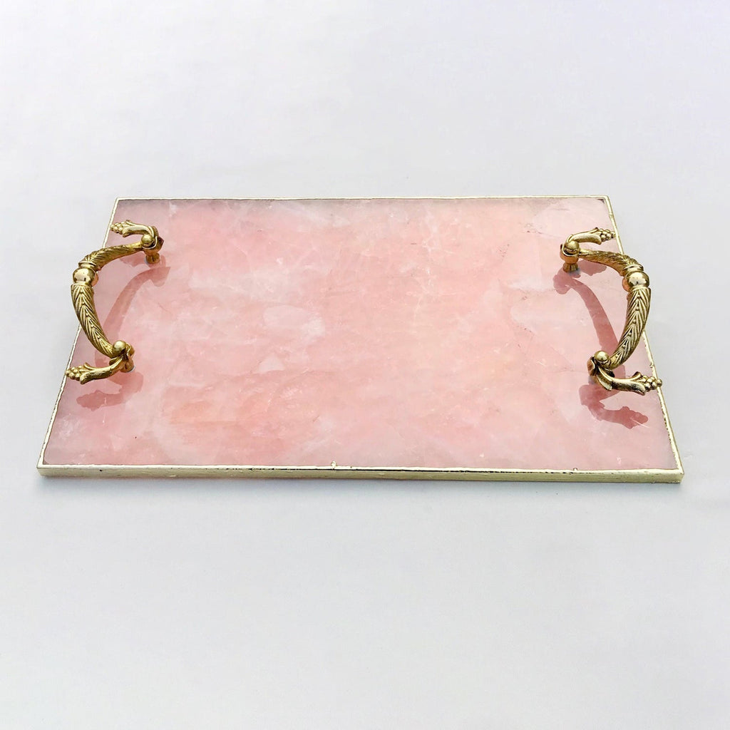 Rose Quartz Serving Tray with Brass Handles
