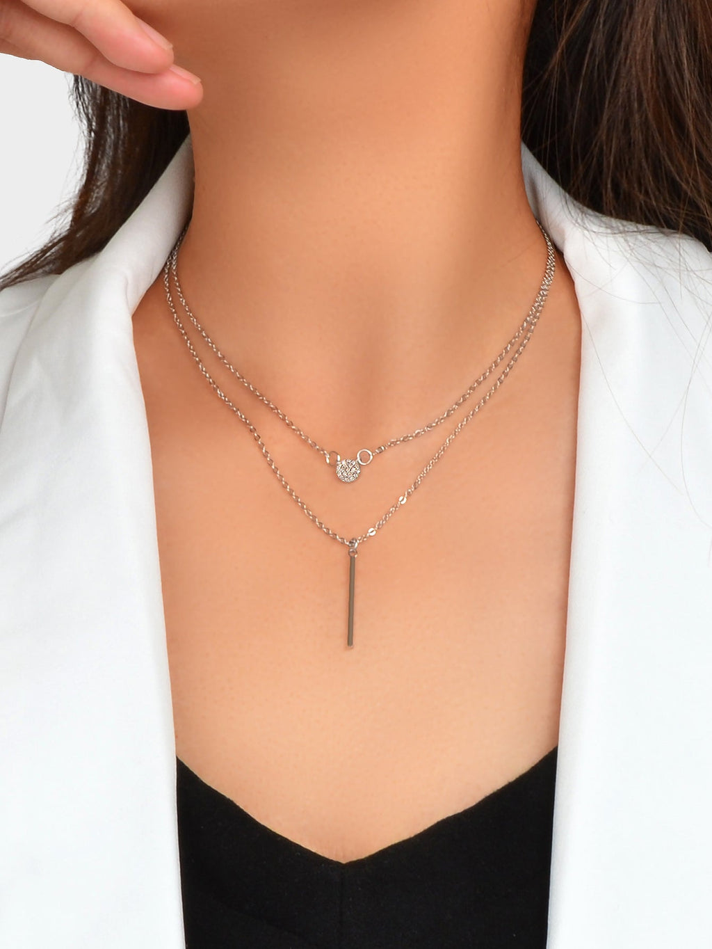 Female Jewellery Rhinestone Double layer Silver Chain Round Bar Pendant Necklace