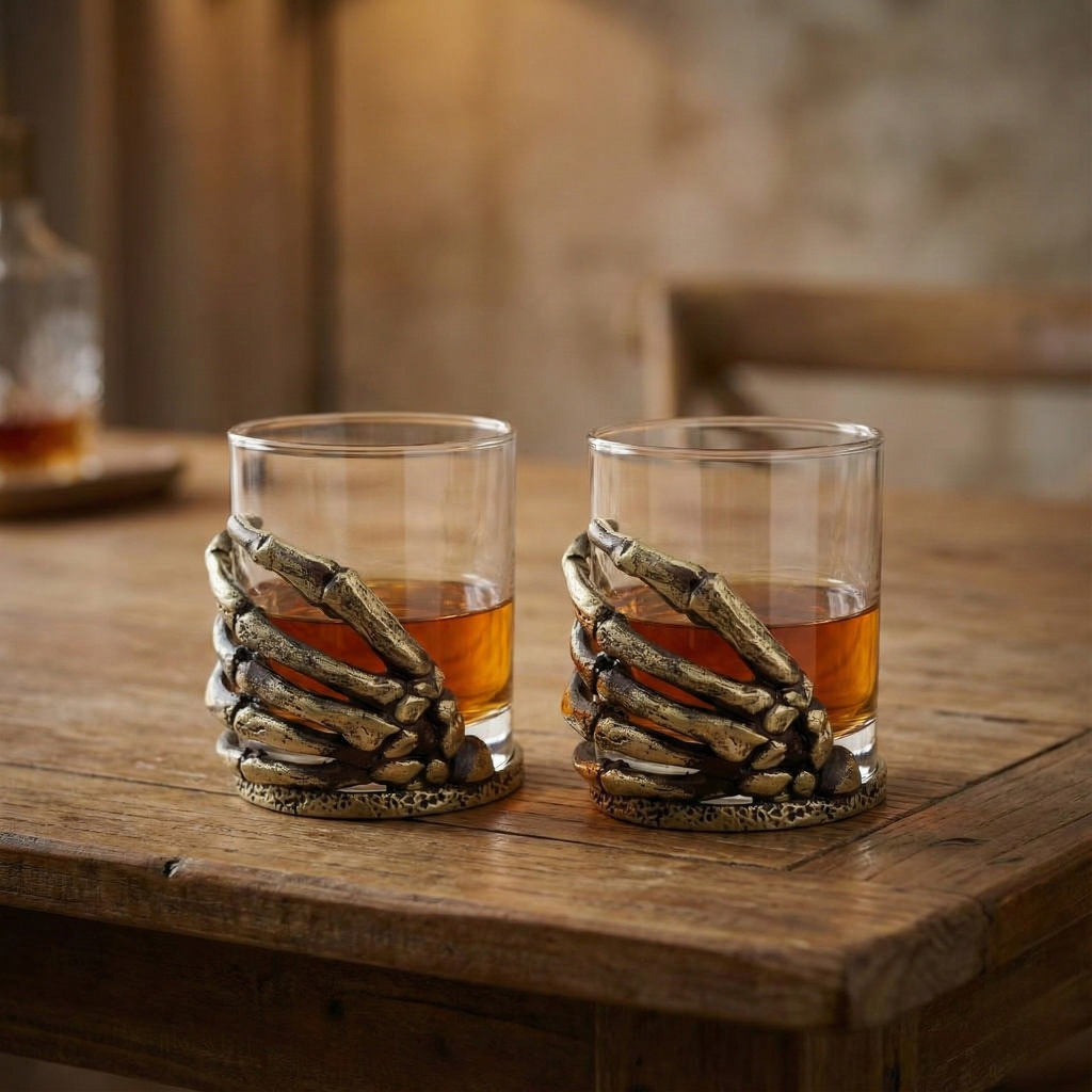 Skeleton Hand Whiskey Glasses | Set of 1 or 2 | Juice Glasses | Drinkware | Statement Barware | Halloween Glasses | Gold, Silver or Antique Finish