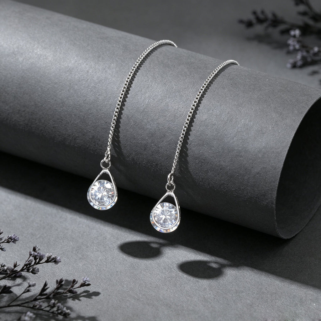 Silver Long Thin Chain Glitter Water Drop Dangle Earrings Dainty Ear Line Elegant Party Banquet Jewelry
