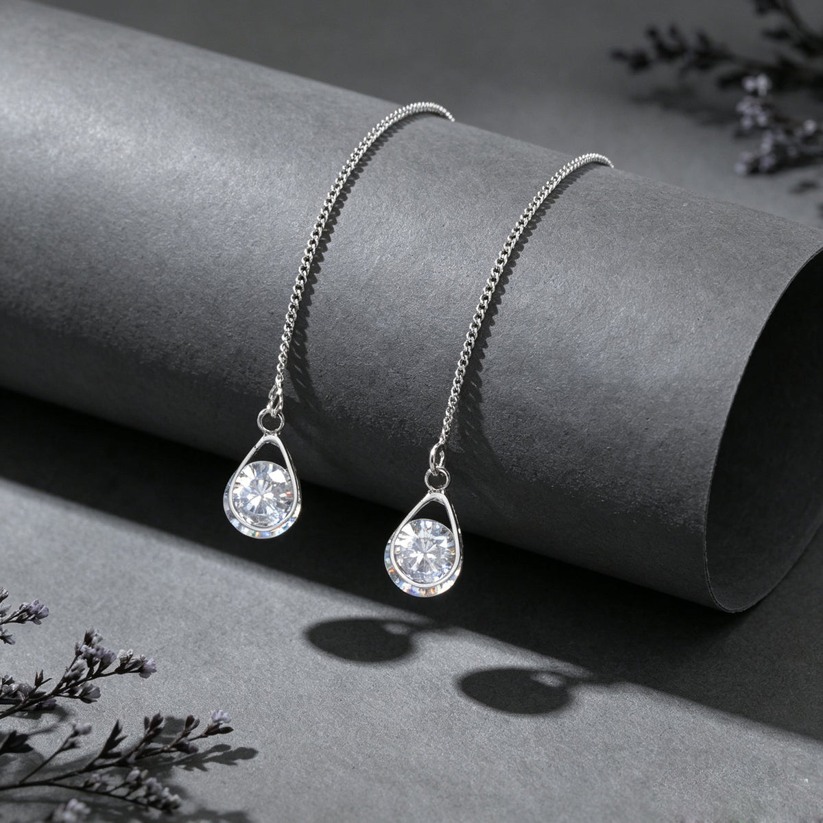 Silver Long Thin Chain Glitter Water Drop Dangle Earrings Dainty Ear Line Elegant Party Banquet Jewelry