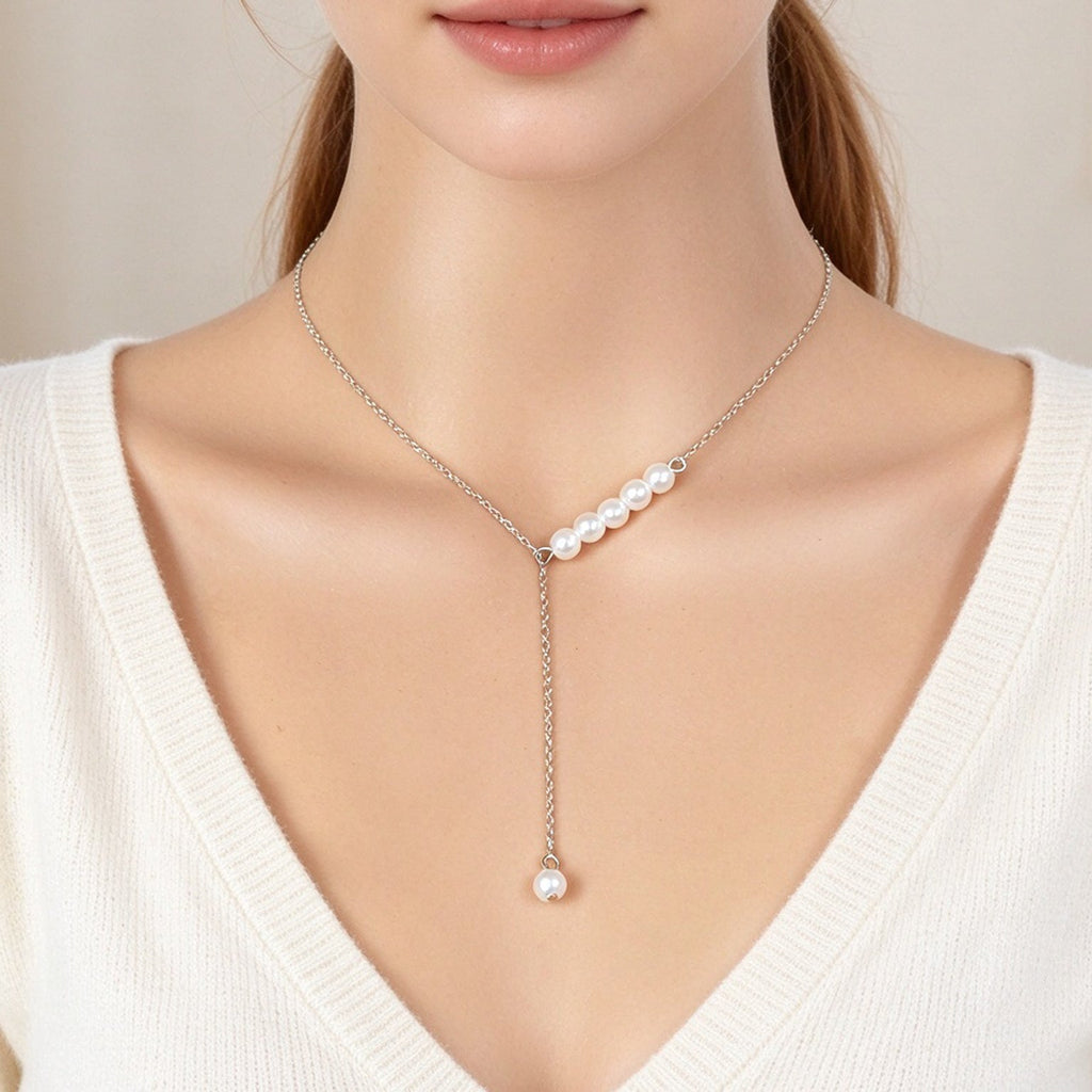 Silver Y-shaped adjustable necklace with pearl cluster and drop pearl pendant