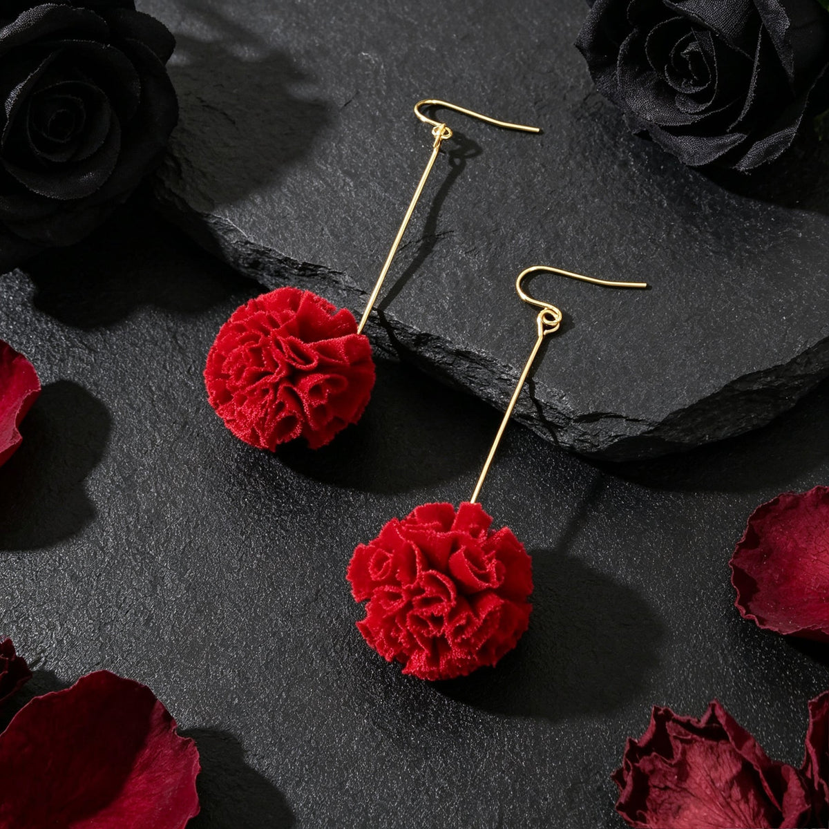 Red Flower Ball Drop Dangle Earrings Beautiful Women Girls Accessories Jewellery