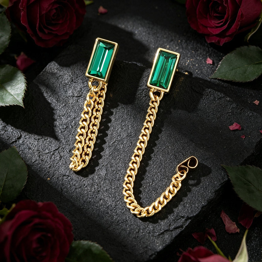Vintage Green Rectangular Gold Tassel Chain Earrings Elegant Banquet Evening Gathering Accessories