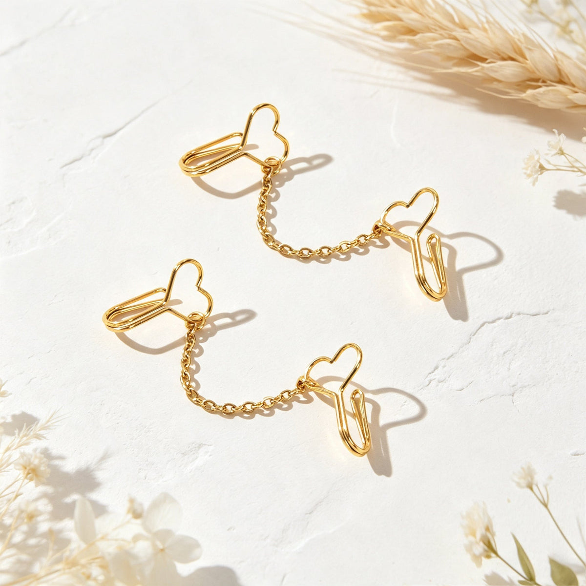 2pcs Heart Chain Linked Ear Cuff Punk Street Gold Non-Pierced Cartilage Ear Clip