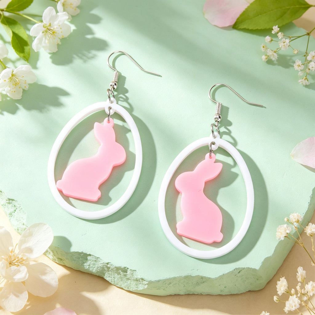 Cute Pink Rabbit Acrylic Dangle Earrings White Oval Frame Easter Beach Sweet Accessories