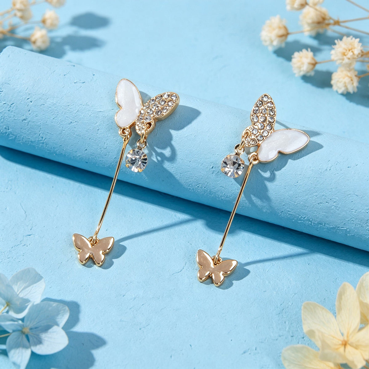 White Enamel Rhinestone Butterfly Pendant Earrings Dainty Gifts for Women Teens