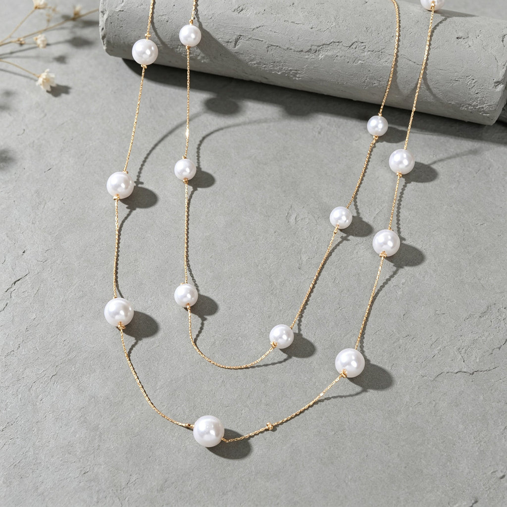 Elegant Layered Imitation Pearl Long Chain Necklace Daily Banquet Accessories