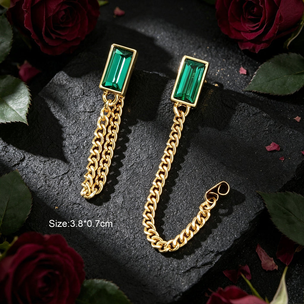 Vintage Green Rectangular Gold Tassel Chain Earrings Elegant Banquet Evening Gathering Accessories