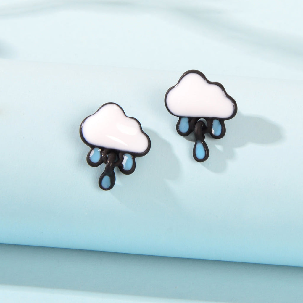 Enamel Alloy Cute White Cloud Blue Raindrop Stud Earrings Cartoon Jewellery Gift
