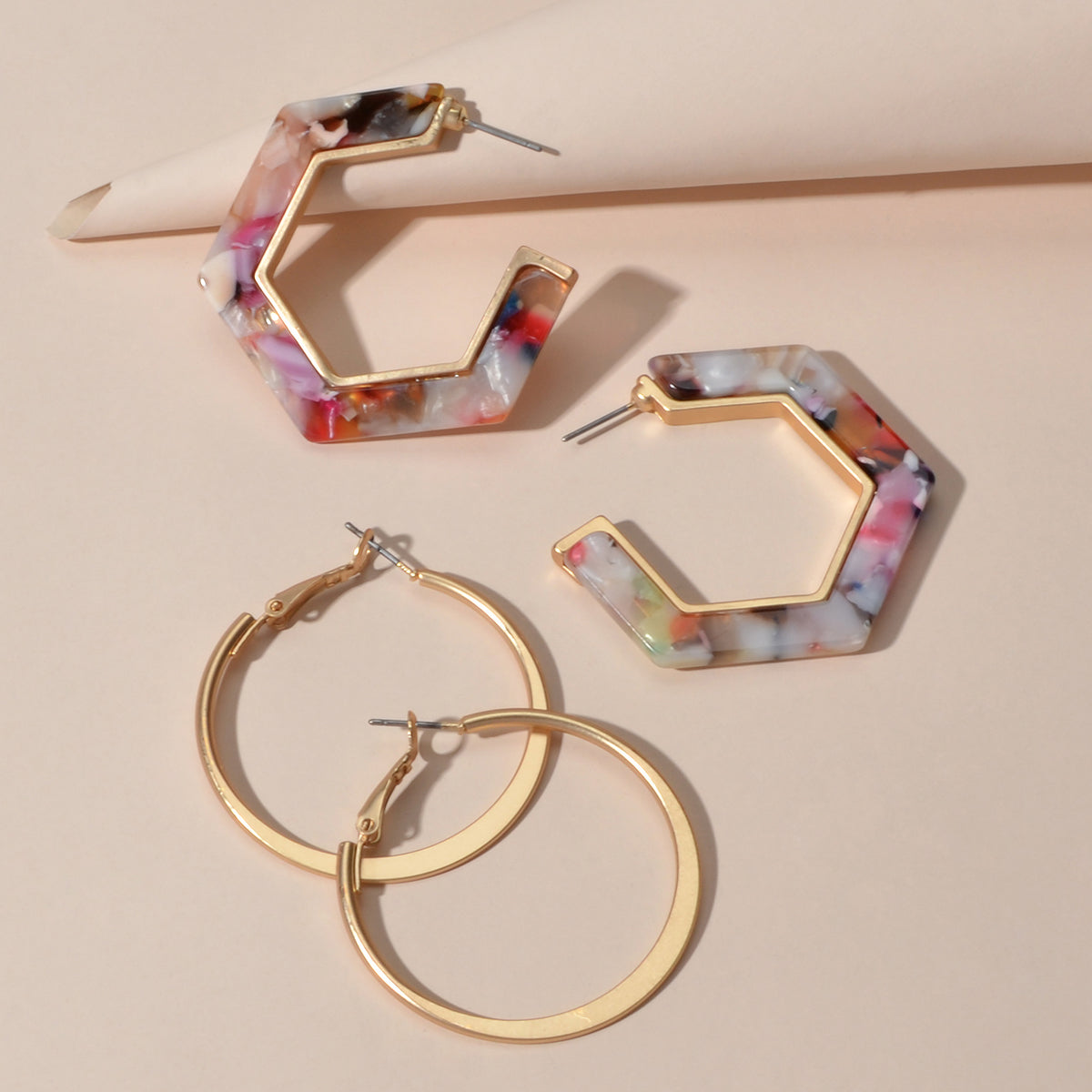 Boho Chic 2 pairs Multicolor Acrylic Square Circle Party Hoop Earrings set Gift