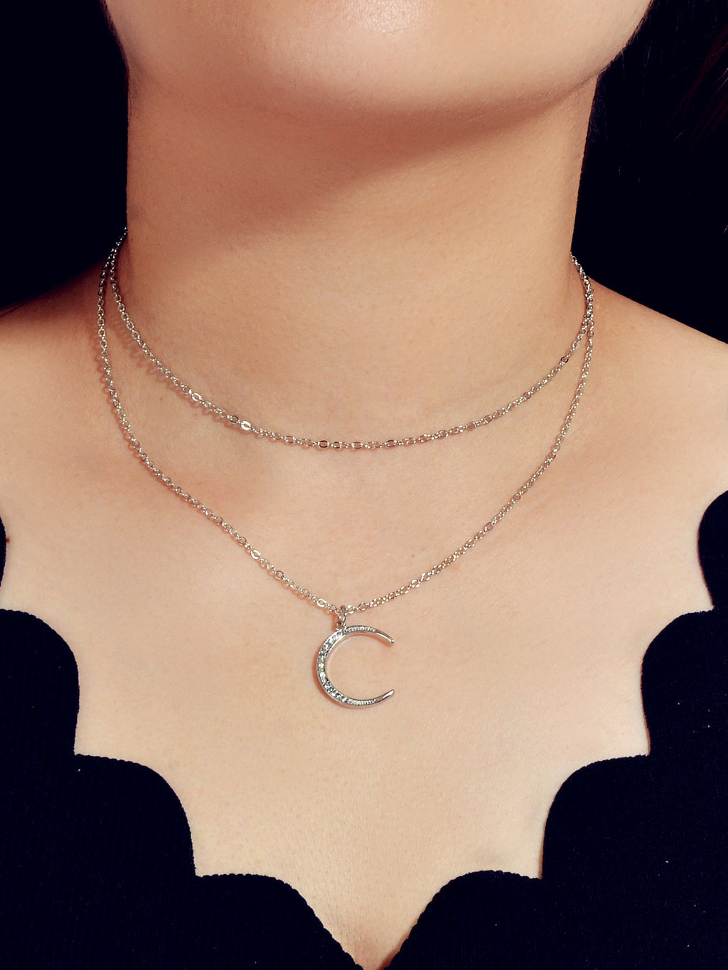 Women Accessories Double layer Chain with Rhinestone Moon Charm Trendy Necklace