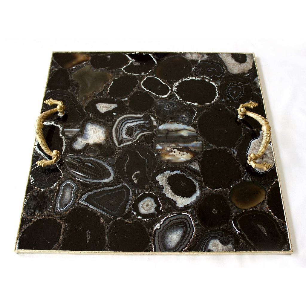 Black Agate Square Serving Tray with Brass Handles