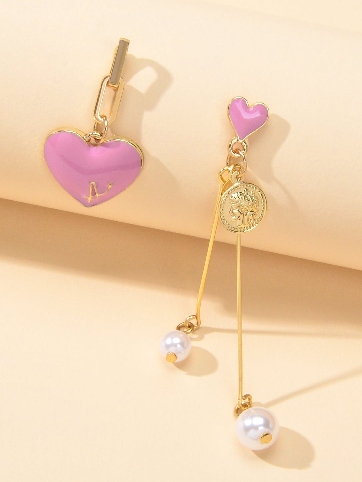 Valentine's Day Jewellery Pearl Cion Charm Pink Enamel Heart Asymmetric Earrings