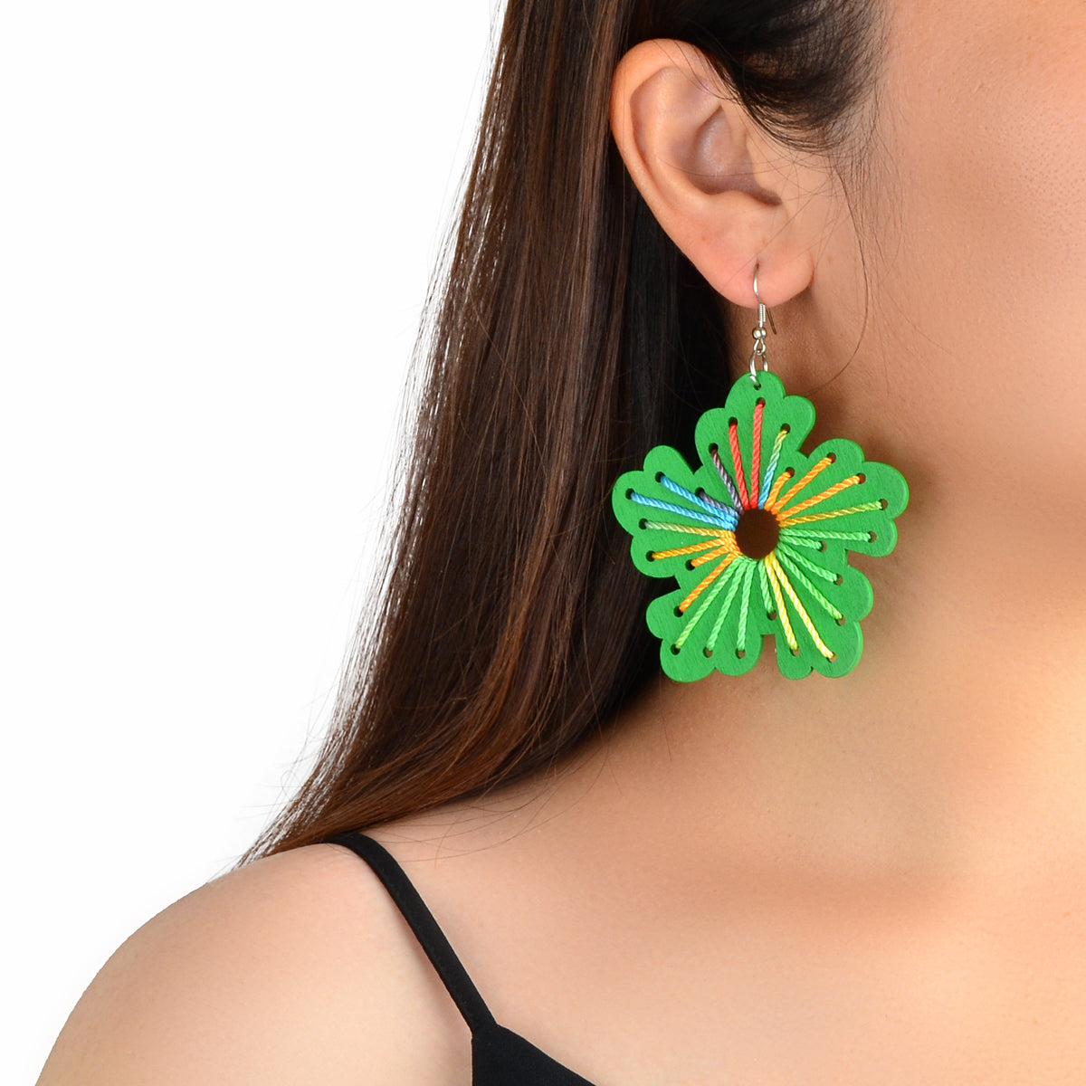 Boho Handmade Jewellery Colorful Rope Braided Green Flower Wood Holiday Earrings