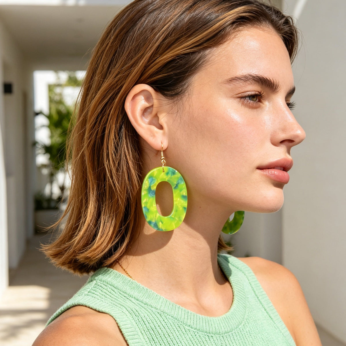 Boho Green Marble Grain Hollow Geometric Acrylic Dangle Earrings Beach Holiday Pool Party Jewelry