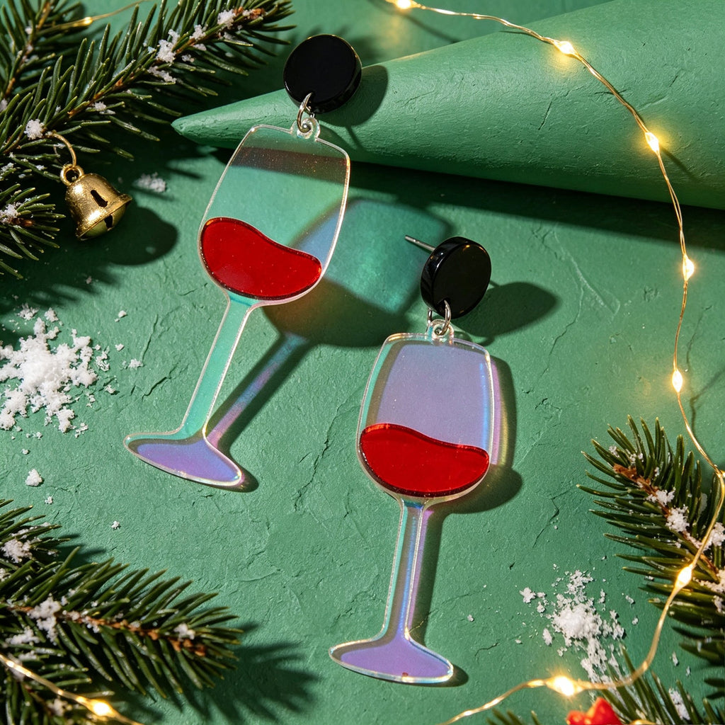 Unique Wine Glass Christmas Dangle Earrings Personality Fun Xmas Party Jewellery
