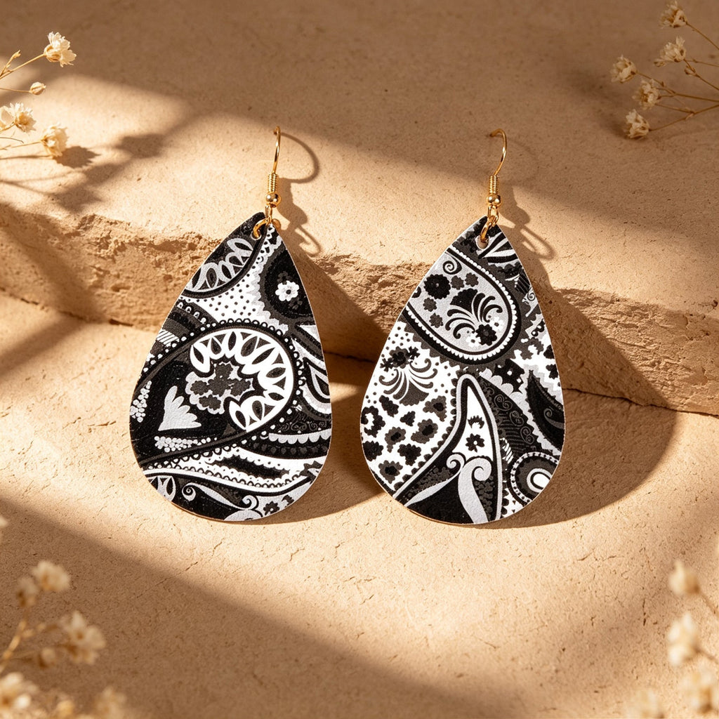 Ethnic Jewellery White Black Geometric Pu Leather Water Drop Dangle Earrings