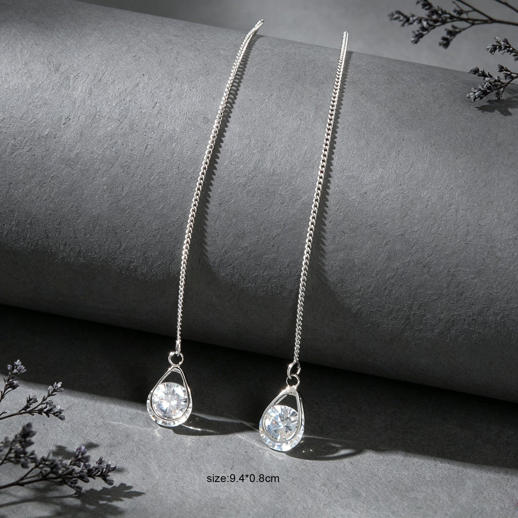 Ladies Jewellery Silver Long Chain Faux Cubic Zirconia Charm Dangle Earrings