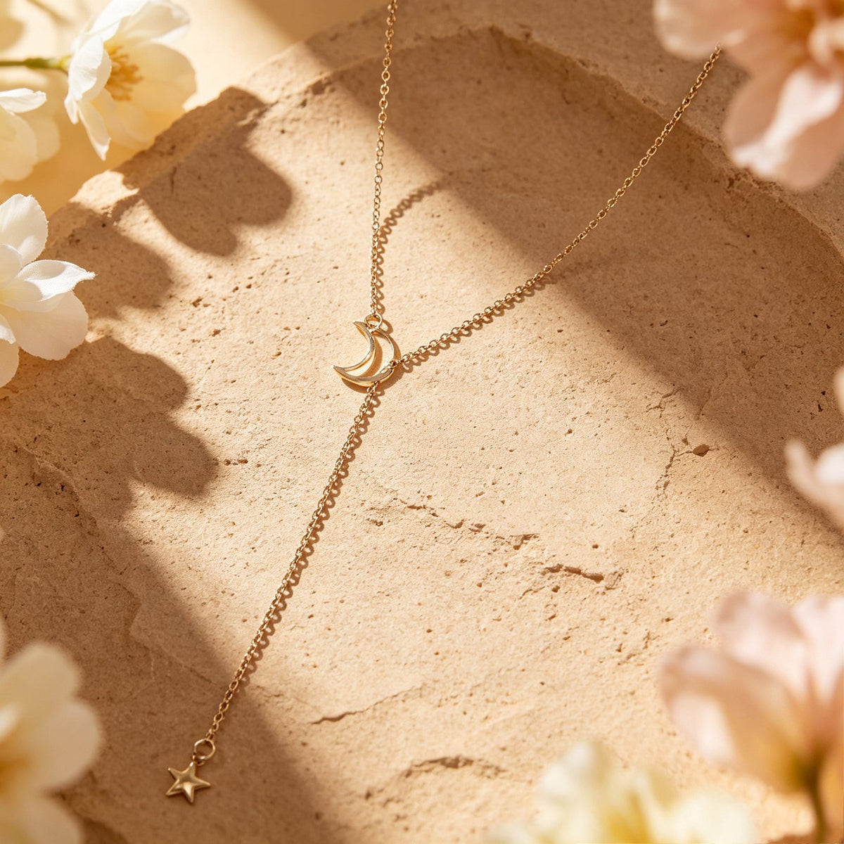 Gold Y-shaped necklace with crescent moon centerpiece and star at end, adjustable