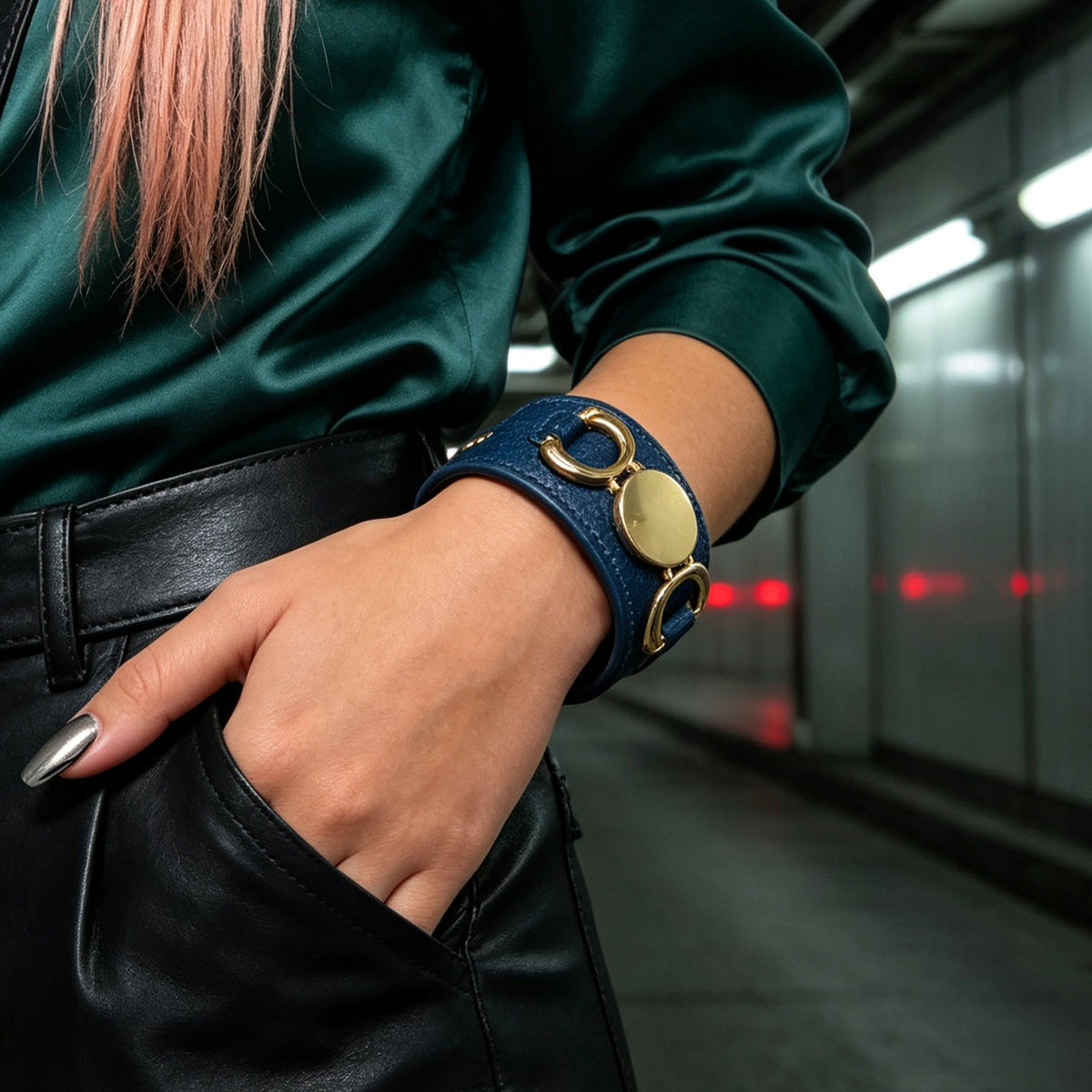PU Leather Adjustable Wide Bracelet Punk Metal Round Geometric Wrist Accessories