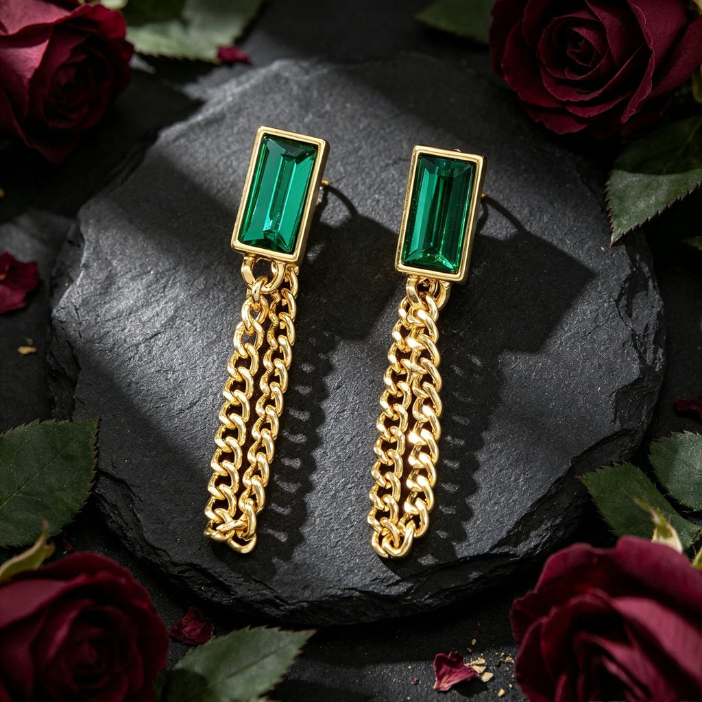 Vintage Green Rectangular Gold Tassel Chain Earrings Elegant Banquet Evening Gathering Accessories