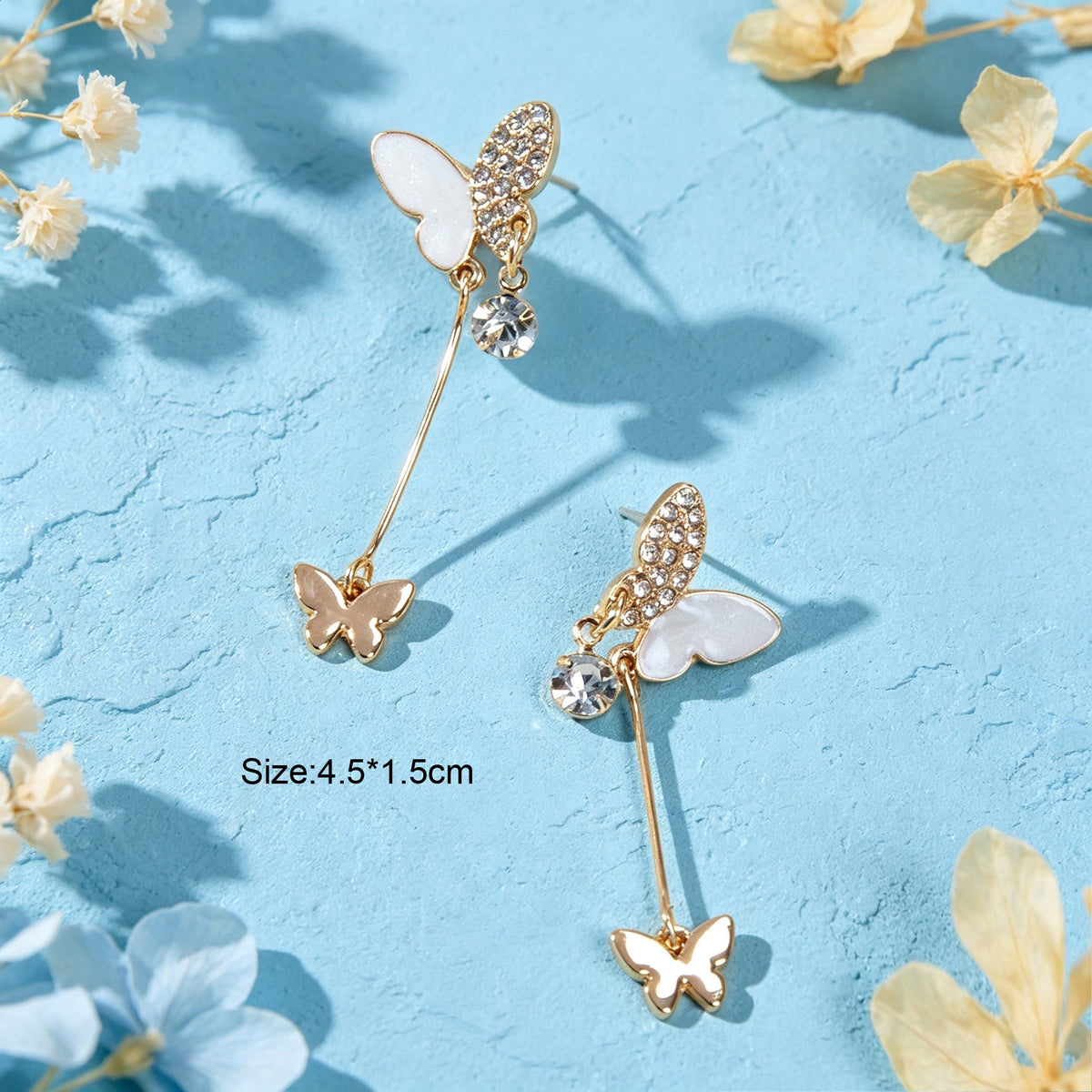 Gold Shiny Double Butterfly Long Dangle Earrings Exquisite Evening Party Jewelry