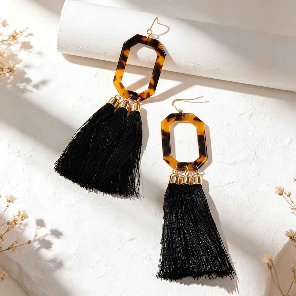 Bohemian Jewellery Leopard Acrylic Black Tassel Dangle Earring Ethnic Accessory