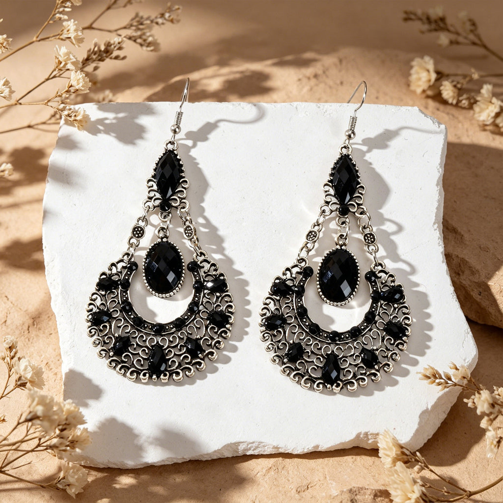 Bohemian Tribal Ethnic Antique Silver Rhinestone Hollow Water Drop Chic Earrings